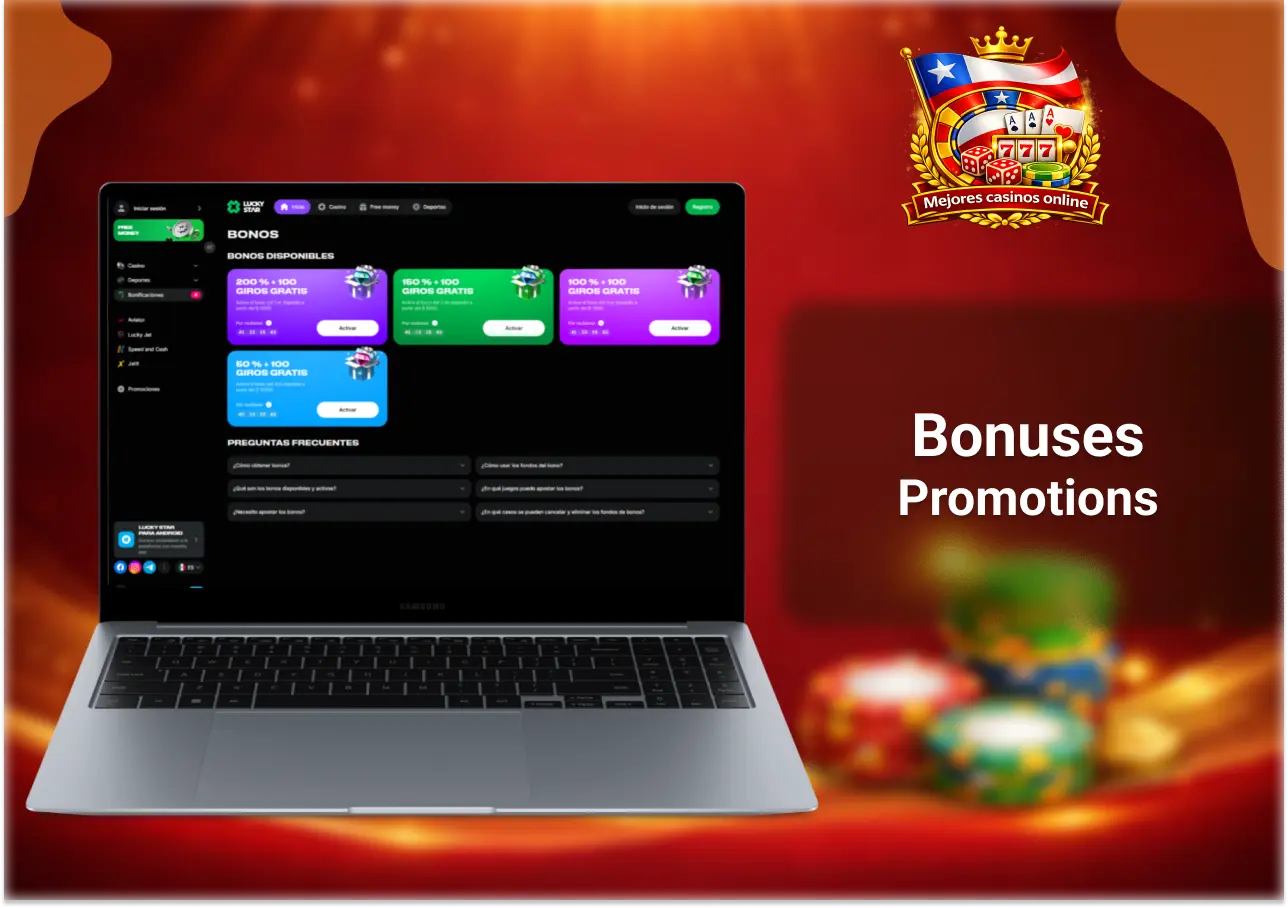 Bonos y promociones en LuckyStar Chile con ofertas de bienvenida y giros gratis